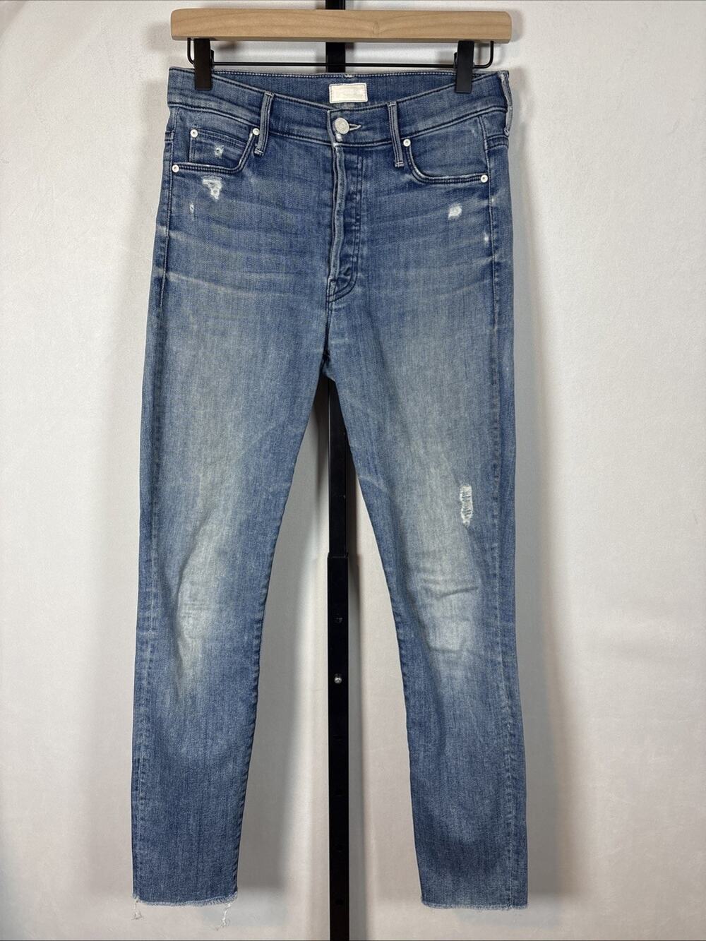 Mother The Stunner Ankle Fray Jeans Womens 26 Blue Mid Rise Slim Stretch Raw Hem